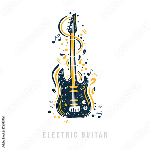 Hand drawn electric guitar with notes, ribbons and dots around it.  Rock and roll creative design guitar.  Can be used for poster, t-shirt, music festival banner, cover, logo. 