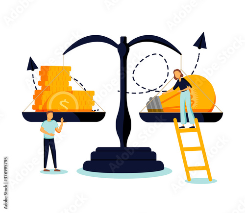 A vector illustration of groups of people who inject money into an idea on a swing and outweighs it, the concept of overweight, value, purchase