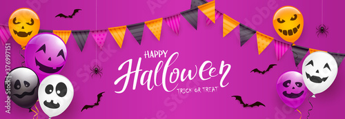 Text Happy Halloween with Scary Balloons and Spiders on Purple Background