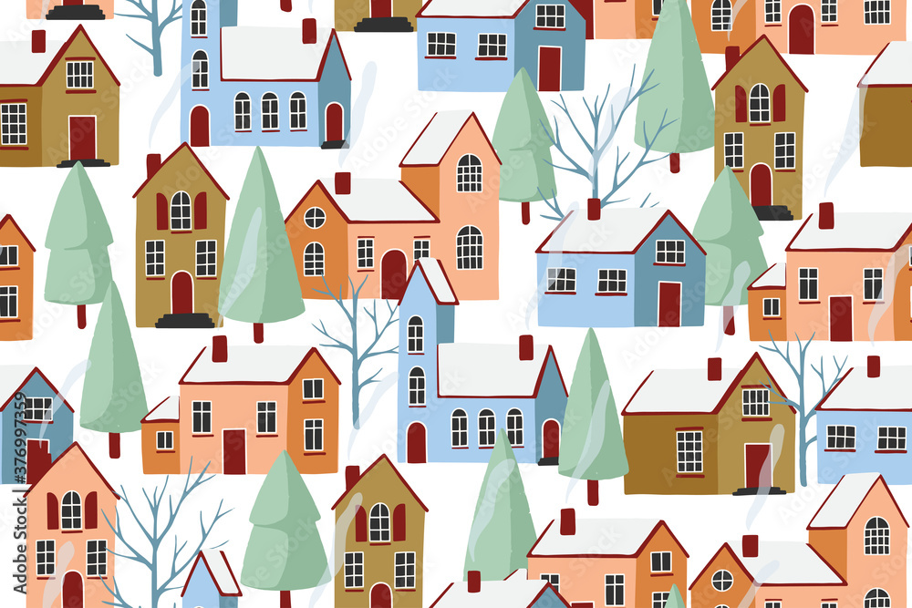 Naklejka premium Winter houses seamless pattern