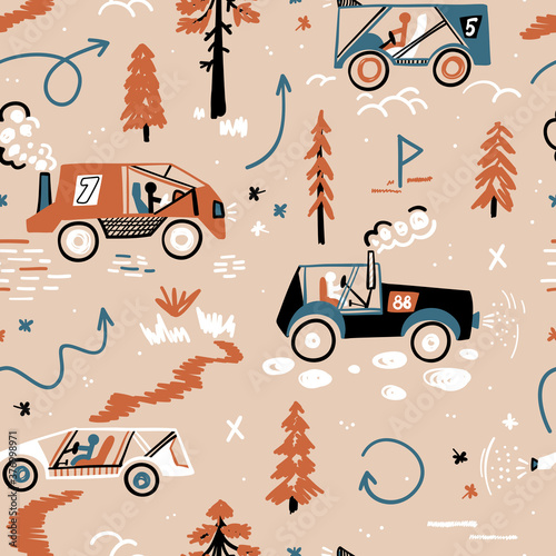 Forest Rally. Toy Car Racing Vector Seamless Pattern. Doodle Buggy Car and Forest Terrain. Cartoon Transportation Background for Kids Retro Colors