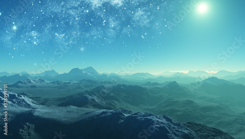 Canvas Print 3d rendered Space Art: Alien Planet - A Fantasy frozen Landscape with blue skies