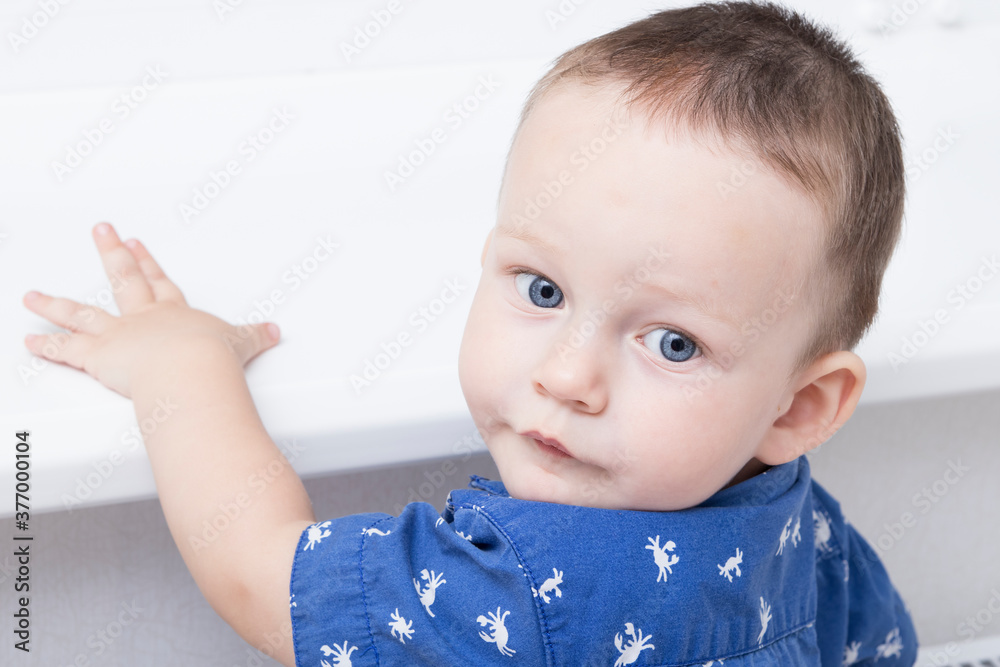 Portrait of a cheerful blond boy with blue eyes indoors Portrait of a cheerful blond boy with blue eyes indoors