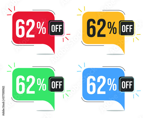 62% off. Red, yellow, green and blue tags with sixty-two percent discount. Banner with four colorful balloons with special offers vector.