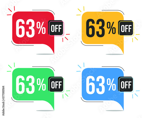 63% off. Red, yellow, green and blue tags with sixty-three percent discount. Banner with four colorful balloons with special offers vector.