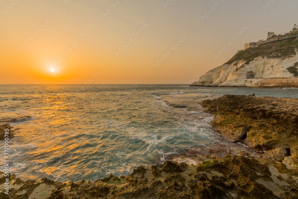 Sunset with the coast and cliffs of Rosh HaNikra