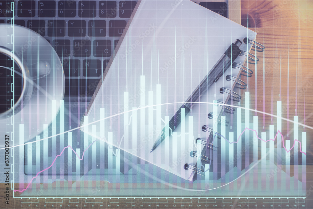 Multi exposure of forex chart drawing and work table top veiw. Concept of financial analysis. Multi exposure of forex chart drawing and work table top veiw. Concept of financial analysis.