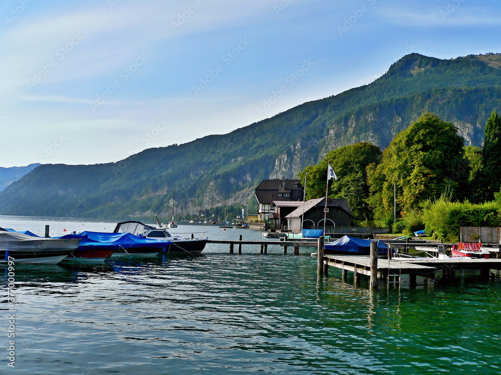 Austrian Alps-view of the lake Wolfgangsee and pier in town St.Gilgen
