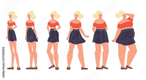 Woman different body form shape change, weight, diet effect. Female figure type set. Girl underweight to extremely obese standing in row. Slim, normal, plus size. Natural beauty, perfection