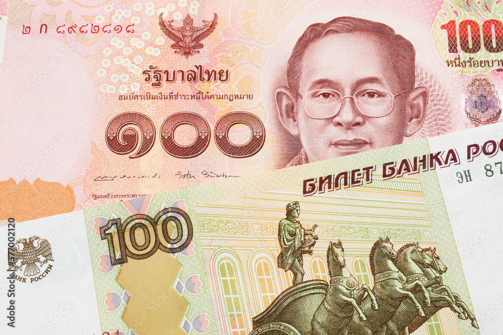 custom made wallpaper toronto digitalA macro image of a Russian one hundred ruble note paired up with a red, one hundred baht note from Thailand. Shot close up in macro.