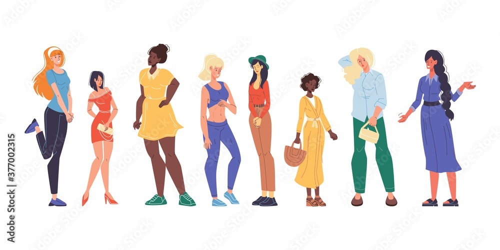 Pretty multiracial woman different physique, nationality, appearance set. Lady having variety height, weight, figure type and size dressed in casual clothes. Body positive movement. Beauty diversity