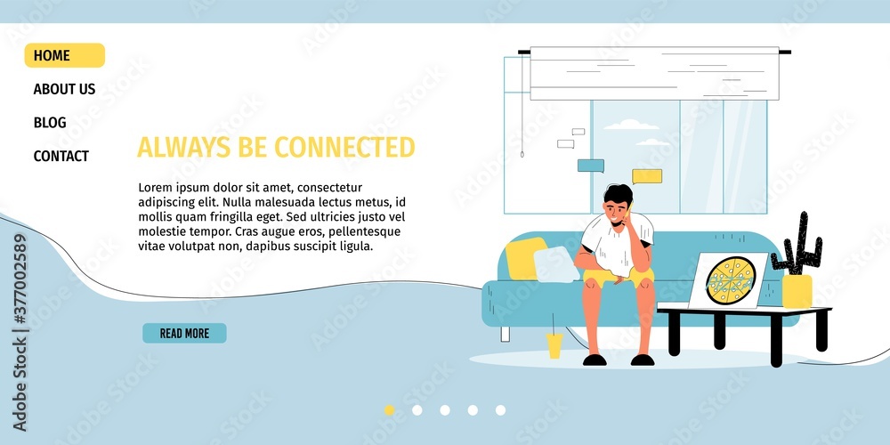 Always be connected theme. Young man eating pizza having call talking to friend via smartphone. Stay home. Wireless communication Unity, connection, technology concept. Landing page template