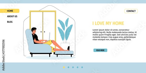 Young man studying or working online on laptop sitting in cozy living room. Freelance job. Stay home. Productive time spending indoor. Daily life, everyday routine. Landing page design template