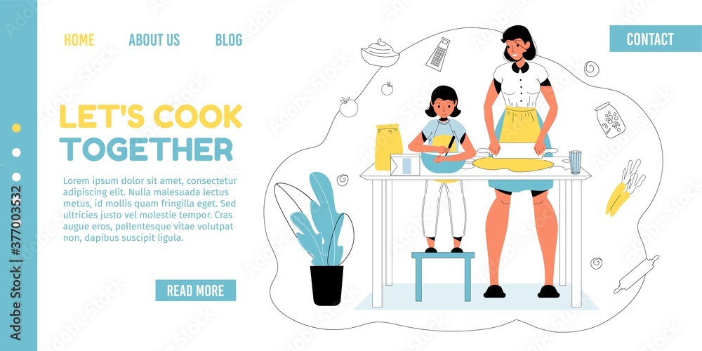 Mother daughter cooking together at home kitchen. Mom teaching cheerful girl child to bake cookies. Parent and child joint leisure. Happy childhood. Family bonding relationship. Landing page