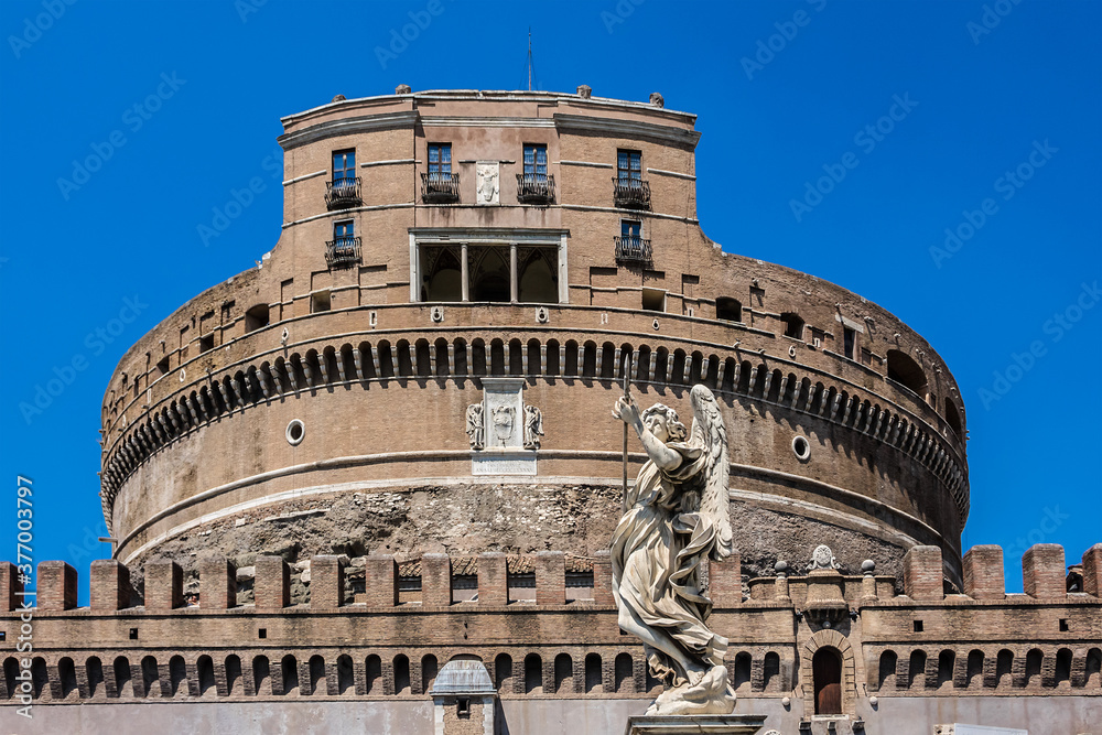 Castle of the Holy Angel (Saint Angelo Castle). Originally built in the second century as a mausoleum for Emperor Hadrian, Castel Sant'Angelo later transformed into a large castle. Rome. Italy.