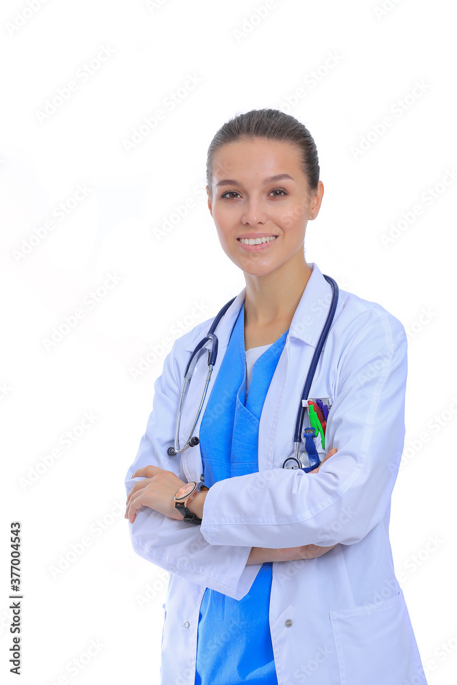 Beautiful young woman in white coat posing with hand in pocket. Woman doctor Beautiful young woman in white coat posing with hand in pocket. Woman doctor