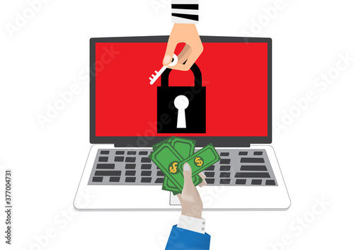 Hand holding money for paying the key from hacker.Ransomware, malware, virus, extortion,data,lock.Vector concept Computer security and technology.