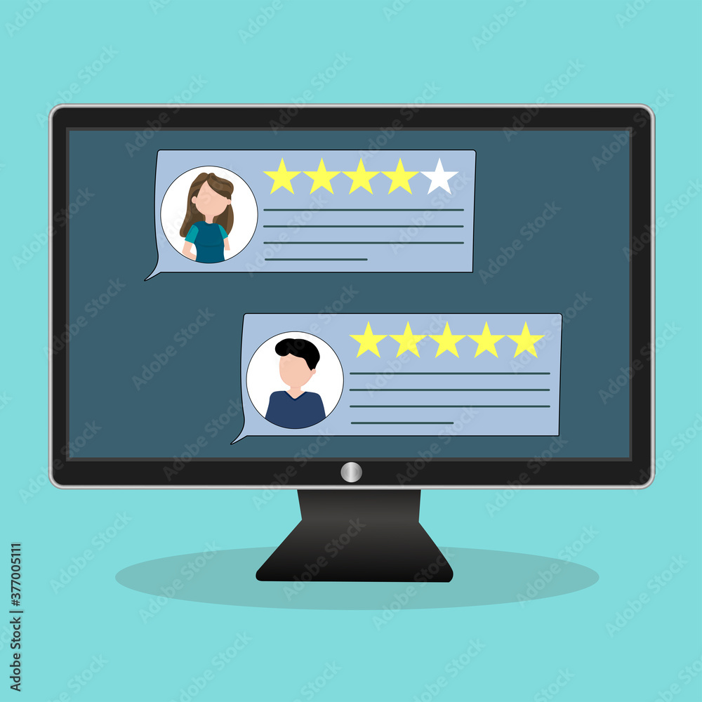 On the monitor screen, customer reviews with their photos. Assess the quality of an app or website. Review, approval by clicking on the stars and comment. User rating five stars. Vector illustration. On the monitor screen, customer reviews with their photos. Assess the quality of an app or website. Review, approval by clicking on the stars and comment. User rating five stars. Vector illustration.