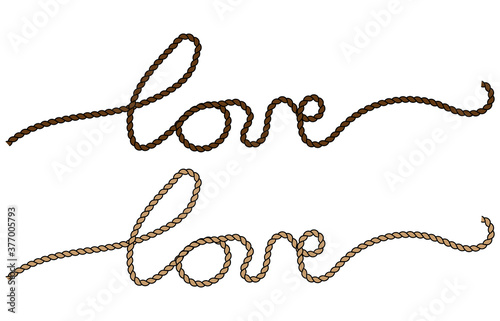 Lettering Love word with rope like romantic symbol on white, stock vector illustration