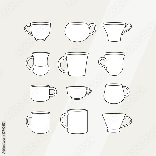 Tea cup simple form vector illustration set. Vector line illustration isolated mug logo icon cafe menu banner flayer. Tea cup logo coffee shop. Silhouette tea demitasse coffee mug isolated background