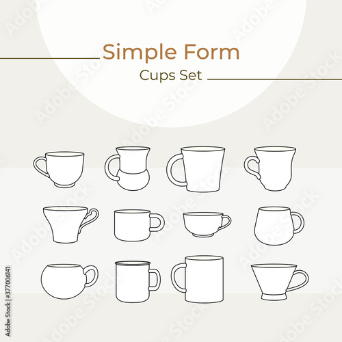Tea cup simple form vector illustration set. Vector line illustration isolated mug logo icon cafe menu banner flayer. Tea cup logo coffee shop. Silhouette tea demitasse coffee mug isolated background