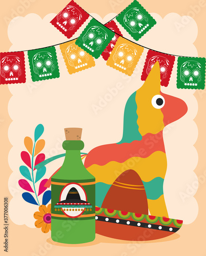 mexican independence day, pinata donkey tequila and hat decoration, celebrated on september