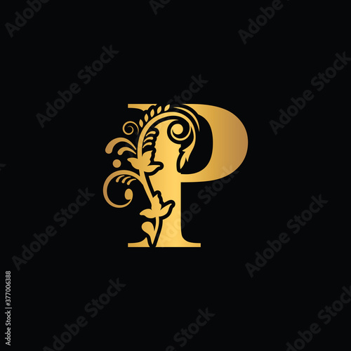 Gold letter P Vintage golden flower ornament initial letters. Alphabet. Logo vector 