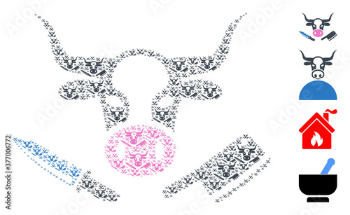Vector butchery mosaic is formed of random recursive butchery parts. Fractal collage of butchery. Some other icons are present in this vector.