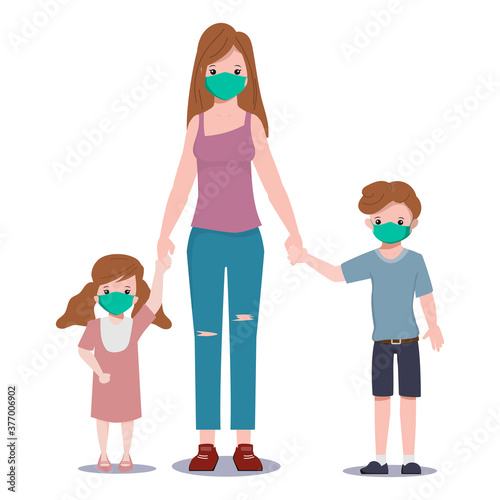 Family People in quarantine wearing a face mask adjusting to the new normal lifestyle. Stop the COVID-19 viruses spread concept.