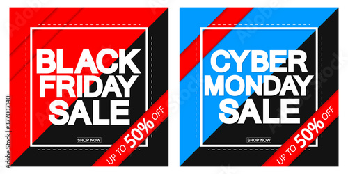 Black Friday Sale and Cyber Monday discount, up to 50% off, posters design template, final season offers, vector illustration