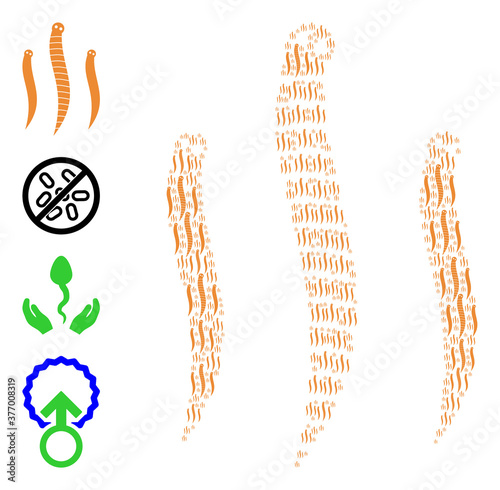 Vector worms composition is made from randomized recursive worms elements. Recursion composition of worms. Some other icons are present in this vector.
