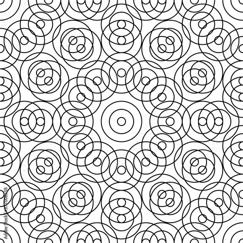 Repeated small and big black circles background. Seamless surface pattern design with circular ornament. Hoops wallpaper. Round motif. Spheres image. Digital paper with rings. Vintage style vector art