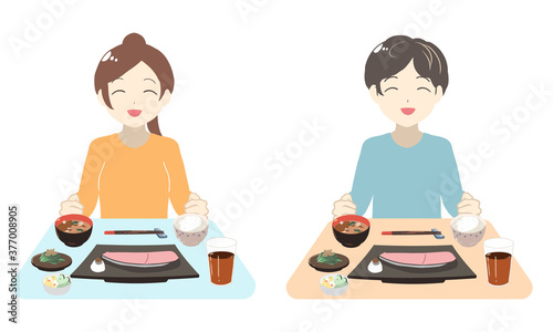 笑顔で食事を行う(線無し)