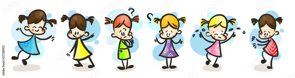 Collection of happy cartoon kids, colored hand drawn doodle outline style Collection of happy cartoon kids, colored hand drawn doodle outline style