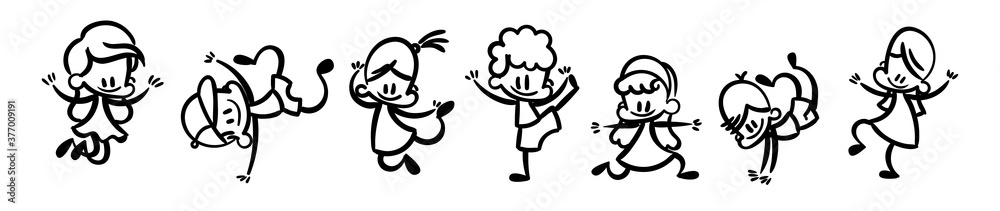 Collection of happy cartoon kids, lined hand drawn doodle outline style Collection of happy cartoon kids, lined hand drawn doodle outline style