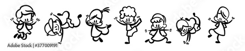 Collection of happy cartoon kids, lined hand drawn doodle outline style