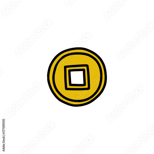chinese coin doodle icon, vector color illustration