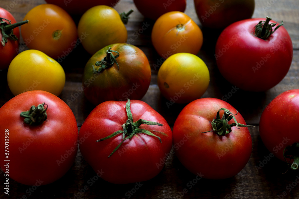 Different colorful tomatoes on wooden background close-up. Harvest concept. Selective focus, soft focus Different colorful tomatoes on wooden background close-up. Harvest concept. Selective focus, soft focus