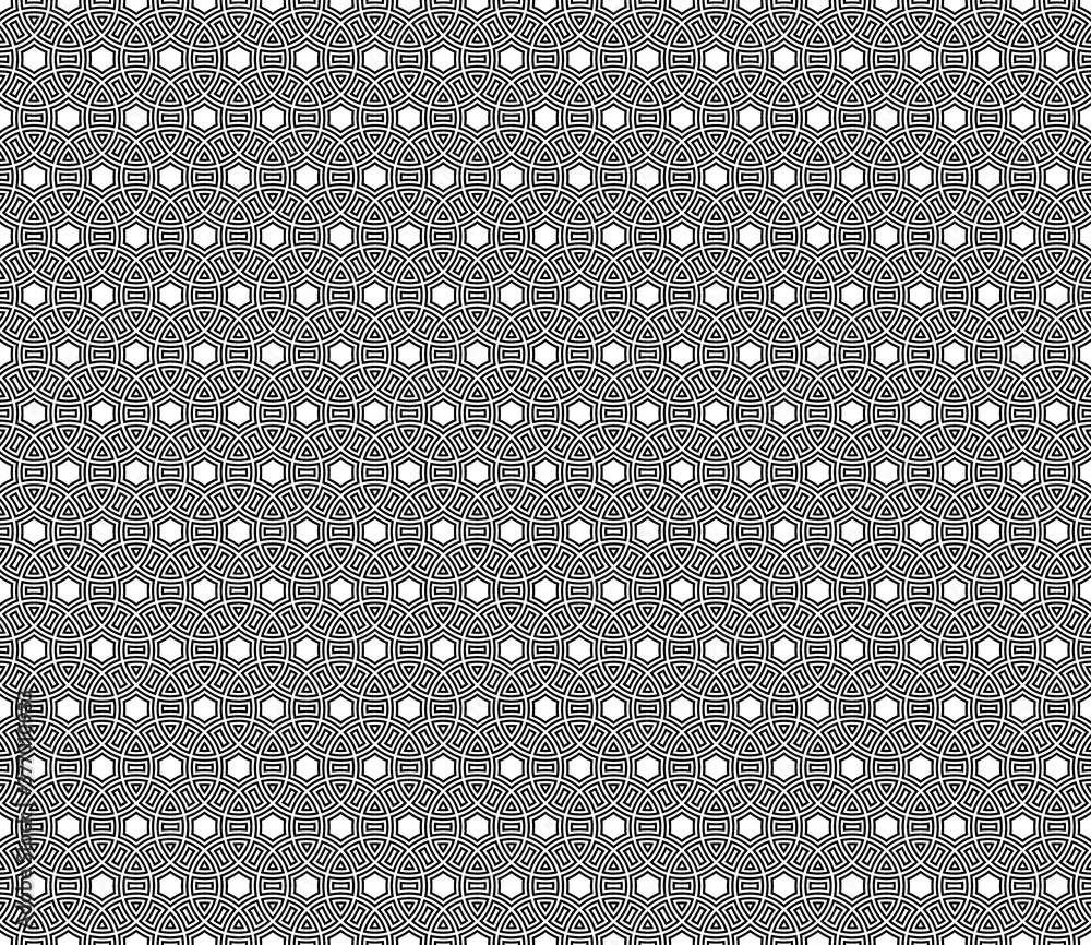 Seamless surface pattern design with ancient culture ornament. Interlocking blocks tessellation. Repeated black figures on white background. Pavement motif. Flooring image. Ethnic wallpaper. Vector.