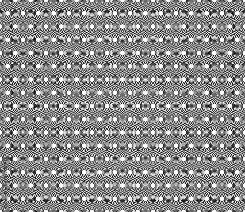 Seamless surface pattern design with ancient culture ornament. Interlocking blocks tessellation. Repeated black figures on white background. Pavement motif. Flooring image. Ethnic wallpaper. Vector.