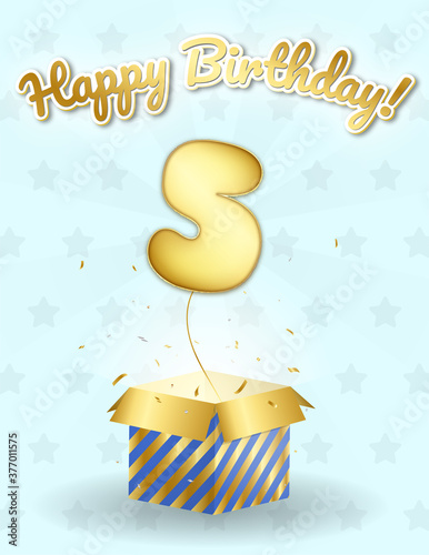 Blue 5th birthday card, with a realistic surprise box and foil balloon.