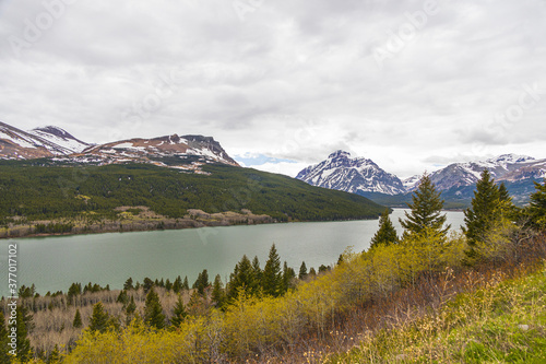 Fototapeta Naklejka Na Ścianę i Meble -  Lake view and mountain background at Glacier National Park