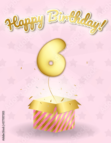 Pink 6th birthday card, with a realistic surprise box and foil balloon.
