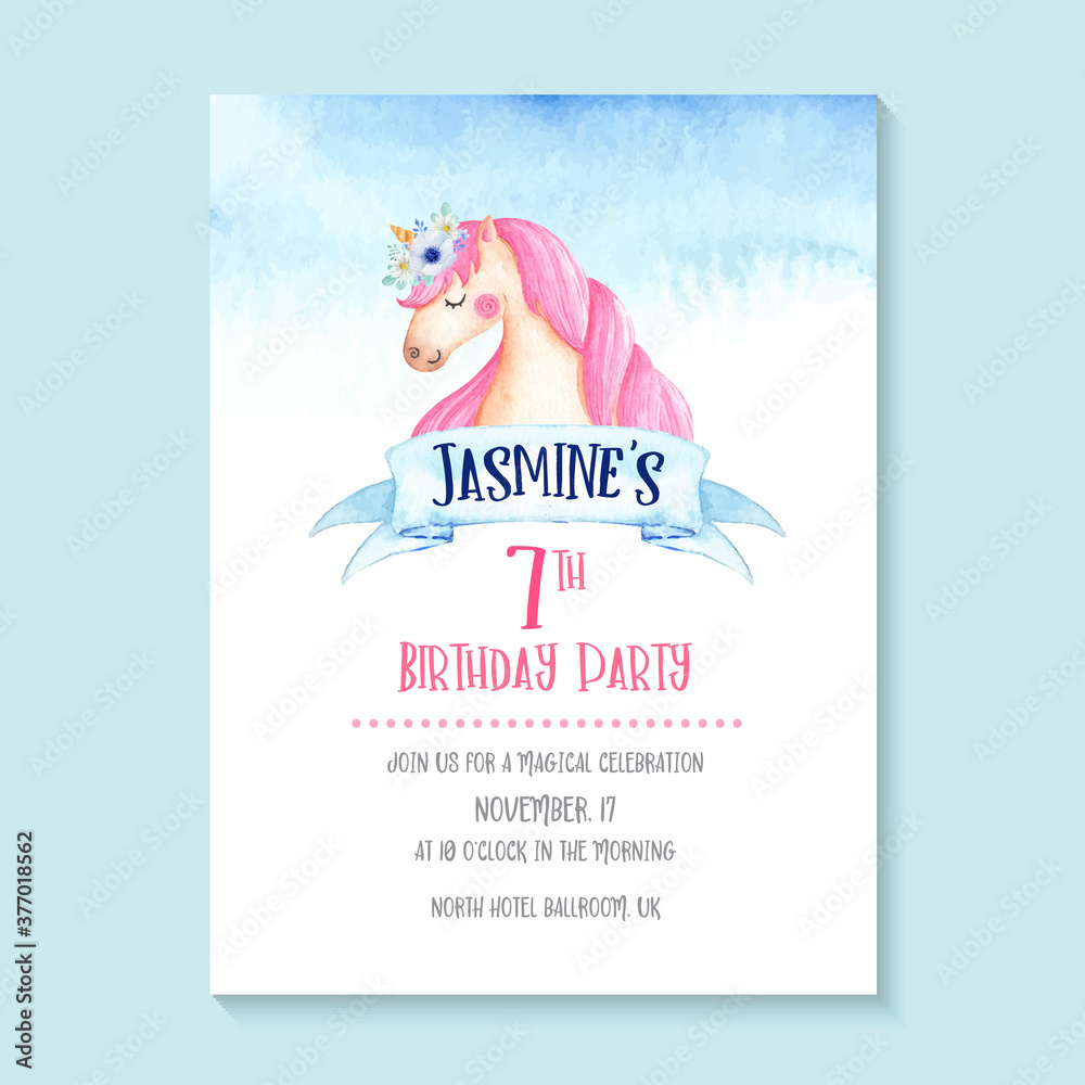 Adorable watercolor unicorn invitation, cute and girlie unicorn birthday invitation design