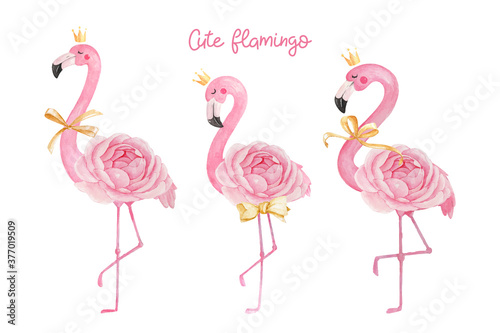 Cute flamingo with crown, ribbon, and ranunculus flower

