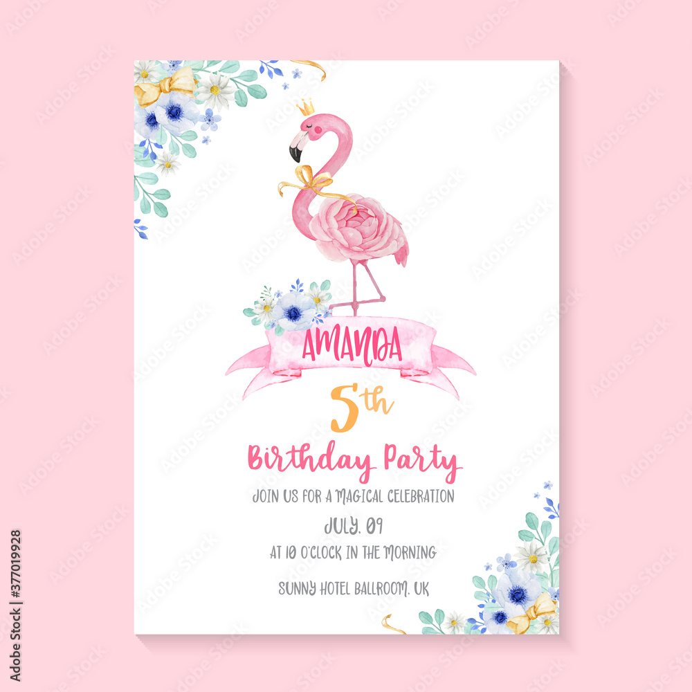 Cute watercolor flamingo and flowers for birthday party invitation

