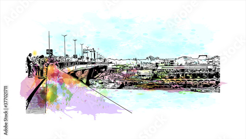 Building view with landmark of Baghdad is the capital of Iraq and the third-largest city in the Arab world after Cairo and Riyadh. Watercolor splash with hand drawn sketch illustration in vector.