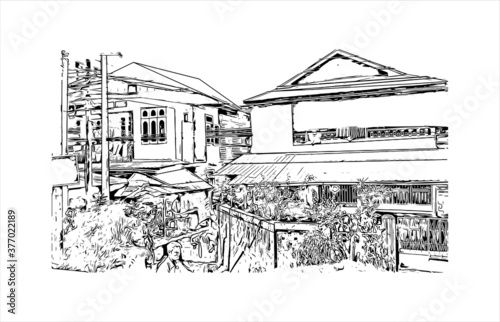 Building view with landmark of Bago, formerly known as Hanthawaddy, is a city and the capital of the Bago Region in Myanmar. Hand drawn sketch illustration in vector.