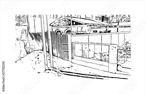 Building view with landmark of Bago, formerly known as Hanthawaddy, is a city and the capital of the Bago Region in Myanmar. Hand drawn sketch illustration in vector.