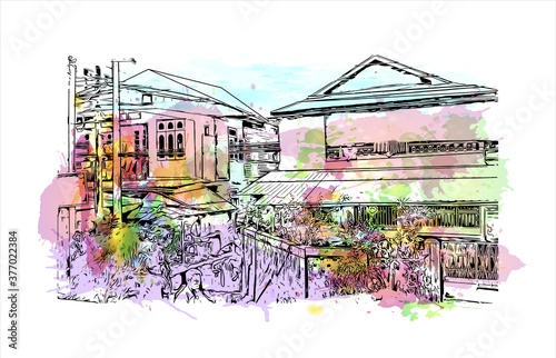 Building view with landmark of Bago, formerly known as Hanthawaddy, is a city and the capital of the Bago Region in Myanmar. Watercolor splash with hand drawn sketch illustration in vector.